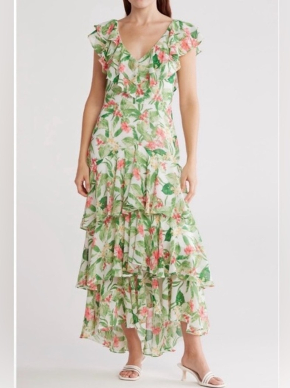 Wayf Floral Tiered Ruffle Maxi Dress in White, Green & Pink